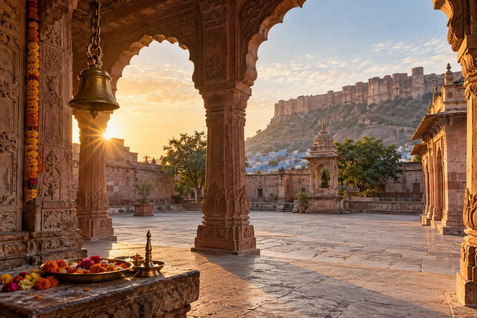 Editorial view inspired by the sandstone spiritual heritage of Jodhpur at sunrise.