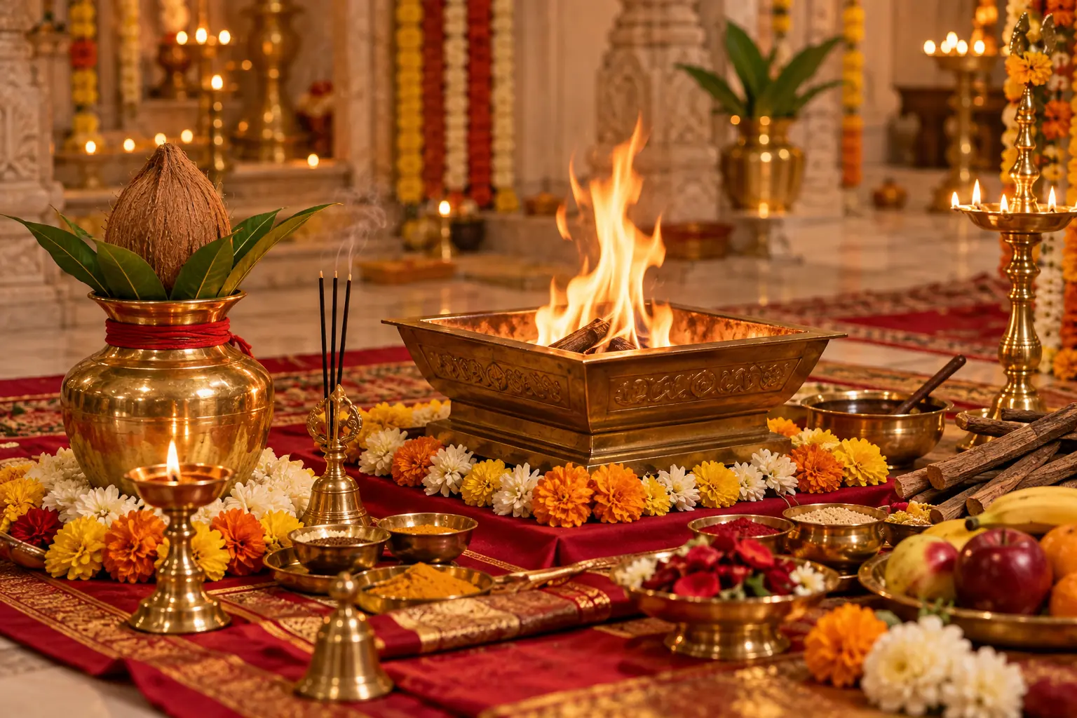 A respectful editorial view of a prepared Havan Kund and traditional ritual materials.