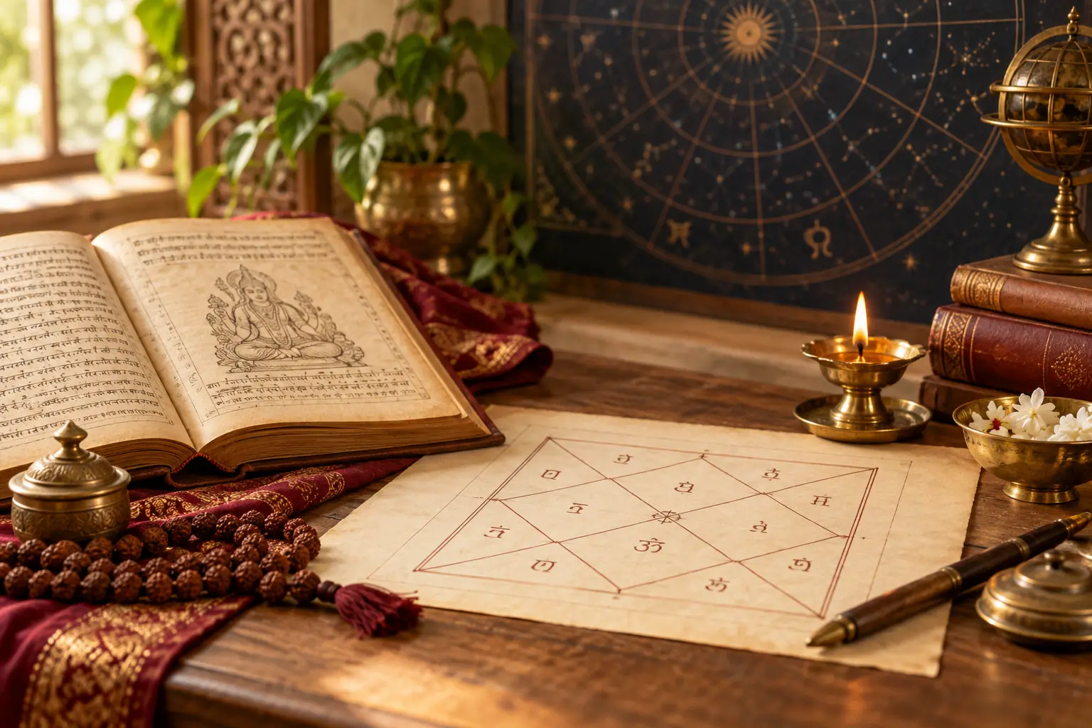 An editorial arrangement of a Kundli, traditional manuscript, diya and study materials.